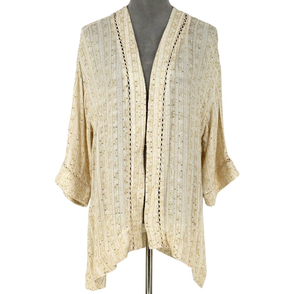 Soft Surroundings Sweater Womens Medium Beige Open Cardigan Sequins Lightweight